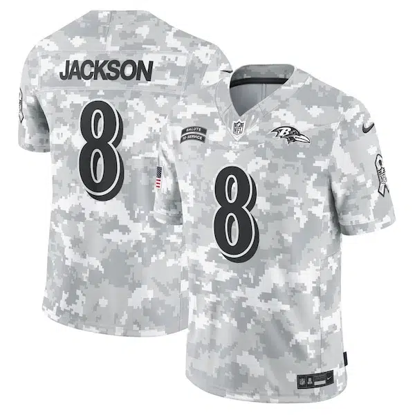 Lamar Jackson Baltimore Ravens Nike 2024 Salute to Service Limited Jersey – Arctic Camo